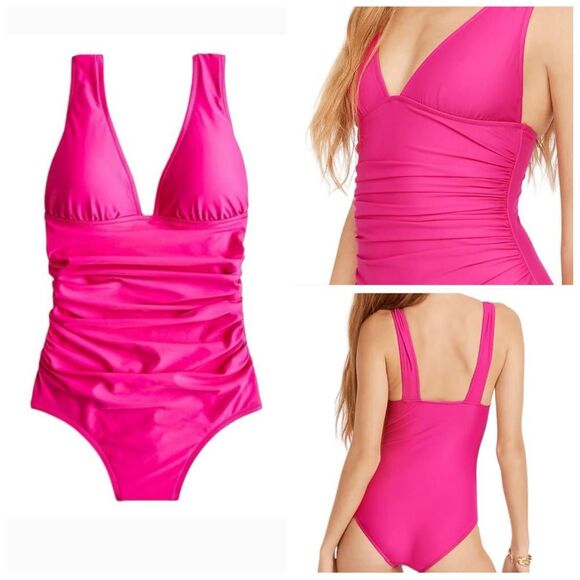 J. Crew Ruched V Neck One Piece Swimsuit Radiant Fuscia - Picture 1 of 6